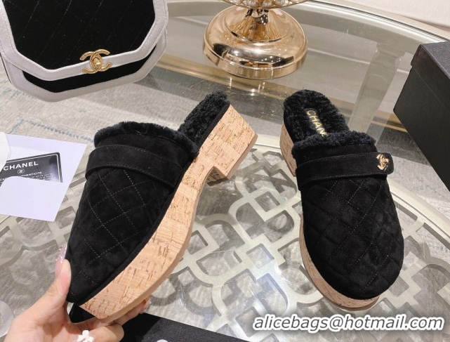 Unique Style Chanel Quilted Suede and Wool Platform Mules with Strap Black 2025 CH110407 1104076