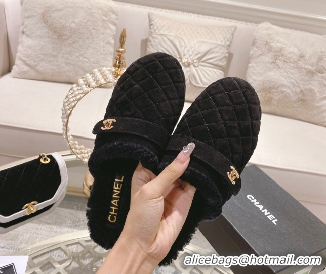 Unique Style Chanel Quilted Suede and Wool Platform Mules with Strap Black 2025 CH110407 1104076