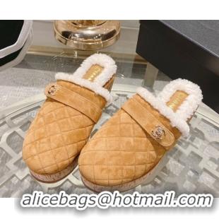 Luxurious Chanel Quilted Suede and Wool Platform Mules with Strap Dark Beige 2025 CH110407 51104077