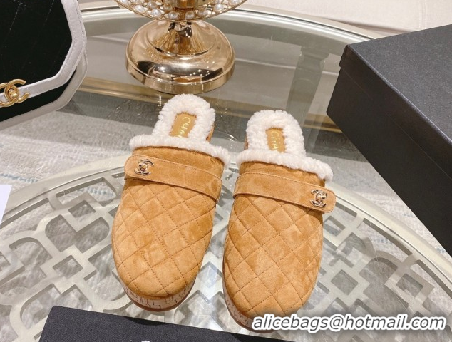 Luxurious Chanel Quilted Suede and Wool Platform Mules with Strap Dark Beige 2025 CH110407 51104077