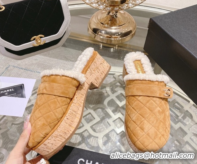 Luxurious Chanel Quilted Suede and Wool Platform Mules with Strap Dark Beige 2025 CH110407 51104077