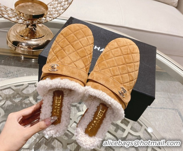 Luxurious Chanel Quilted Suede and Wool Platform Mules with Strap Dark Beige 2025 CH110407 51104077