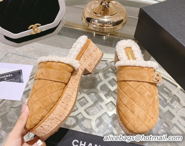 Luxurious Chanel Quilted Suede and Wool Platform Mules with Strap Dark Beige 2025 CH110407 51104077