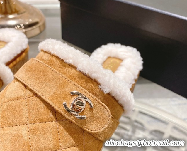 Luxurious Chanel Quilted Suede and Wool Platform Mules with Strap Dark Beige 2025 CH110407 51104077