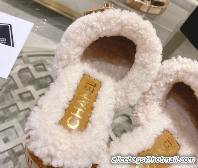Luxurious Chanel Quilted Suede and Wool Platform Mules with Strap Dark Beige 2025 CH110407 51104077