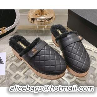 Purchase Chanel Quilted Calfskin Leather and Wool Platform Mules with Strap Black 2025 CH110407 51104078