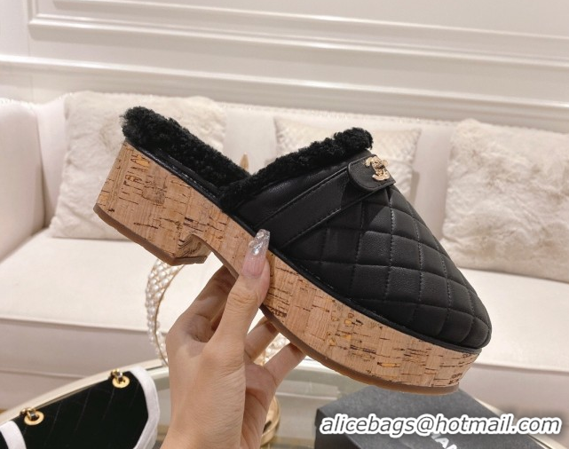 Purchase Chanel Quilted Calfskin Leather and Wool Platform Mules with Strap Black 2025 CH110407 51104078