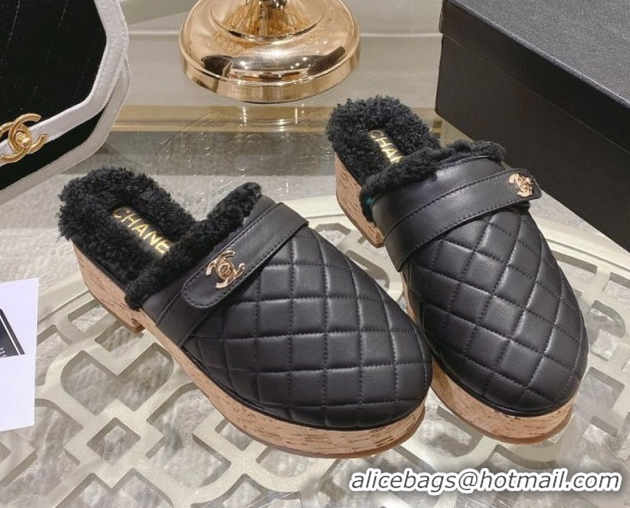 Purchase Chanel Quilted Calfskin Leather and Wool Platform Mules with Strap Black 2025 CH110407 51104078