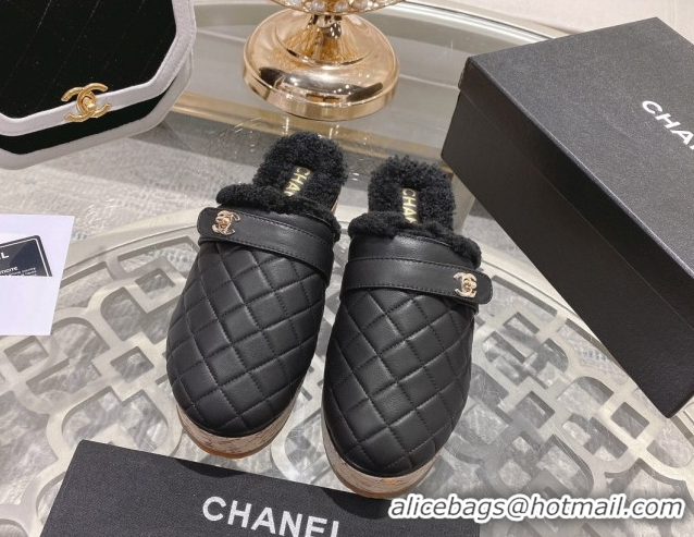 Purchase Chanel Quilted Calfskin Leather and Wool Platform Mules with Strap Black 2025 CH110407 51104078