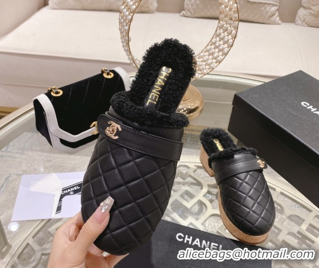 Purchase Chanel Quilted Calfskin Leather and Wool Platform Mules with Strap Black 2025 CH110407 51104078