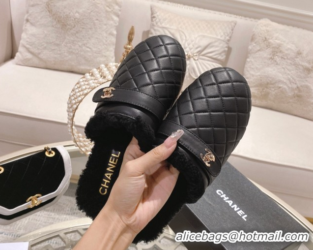 Purchase Chanel Quilted Calfskin Leather and Wool Platform Mules with Strap Black 2025 CH110407 51104078