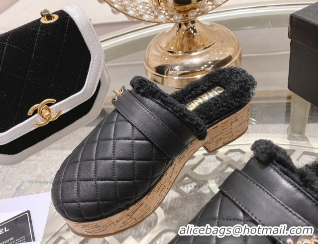 Purchase Chanel Quilted Calfskin Leather and Wool Platform Mules with Strap Black 2025 CH110407 51104078