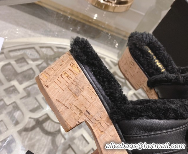 Purchase Chanel Quilted Calfskin Leather and Wool Platform Mules with Strap Black 2025 CH110407 51104078