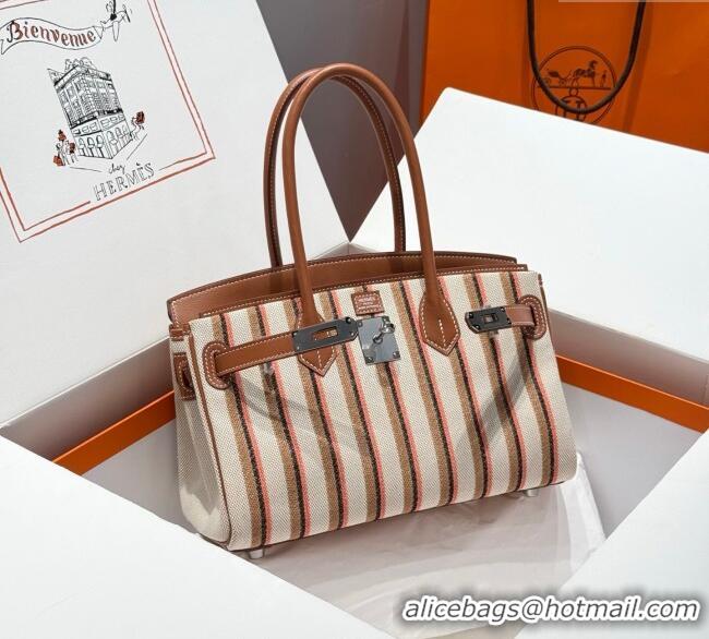 Discount Hermes Mini Shoulder Birkin Bag 29cm in Canvas and Calfskin Leather H29 Mocha Brown 2025 (Half Handmade)