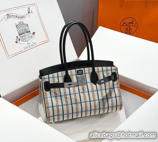 Famous Brand Hermes Mini Shoulder Birkin Bag 29cm in Canvas and Calfskin Leather H29 Black/Silver 2025 (Half Handmade)
