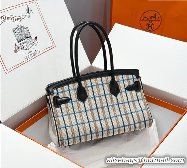 Famous Brand Hermes Mini Shoulder Birkin Bag 29cm in Canvas and Calfskin Leather H29 Black/Silver 2025 (Half Handmade)