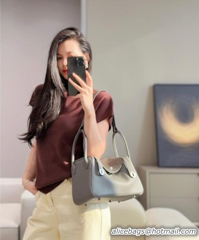 Super Quality Grade Design Hermes Lindy Bag 26cm in Clemence Leather 2637 Cloud Grey 2025 (Half Handmade)