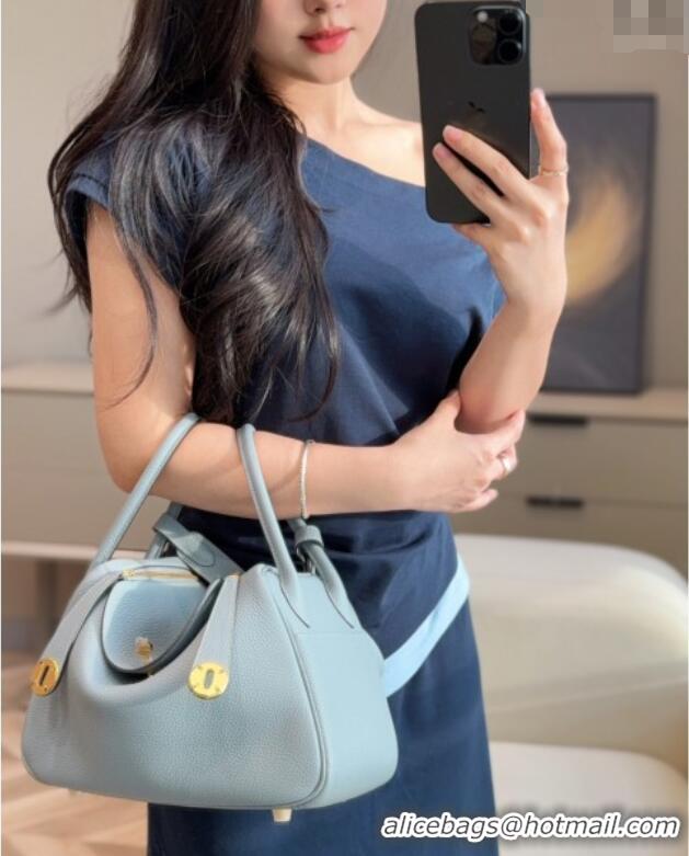 Best Price Hermes Lindy Bag 26cm in Clemence Leather 2637 Linen Blue/Gold 2025 (Half Handmade)