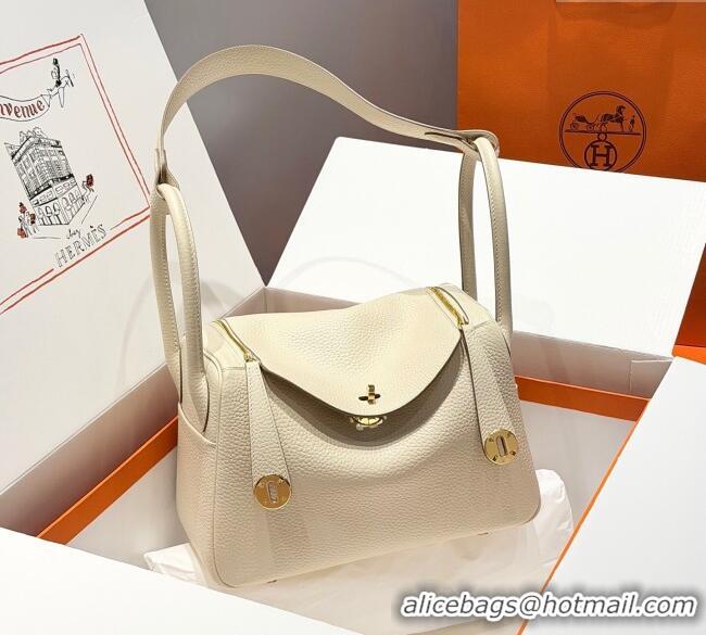 Super Quality Hermes Lindy Bag 26cm in Clemence Leather 2637 Cream White/Gold 2025 (Half Handmade)