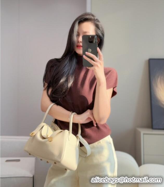 Super Quality Hermes Lindy Bag 26cm in Clemence Leather 2637 Cream White/Gold 2025 (Half Handmade)