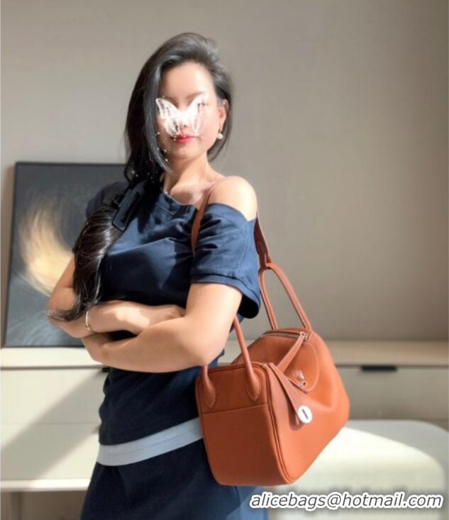 Top Grade Hermes Lindy Bag 26cm in Clemence Leather 2637 Brown/Silver 2025 (Half Handmade)
