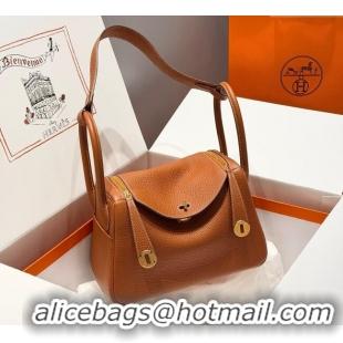New Design Hermes Lindy Bag 26cm in Clemence Leather 2637 Brown/Gold 2025 (Half Handmade)