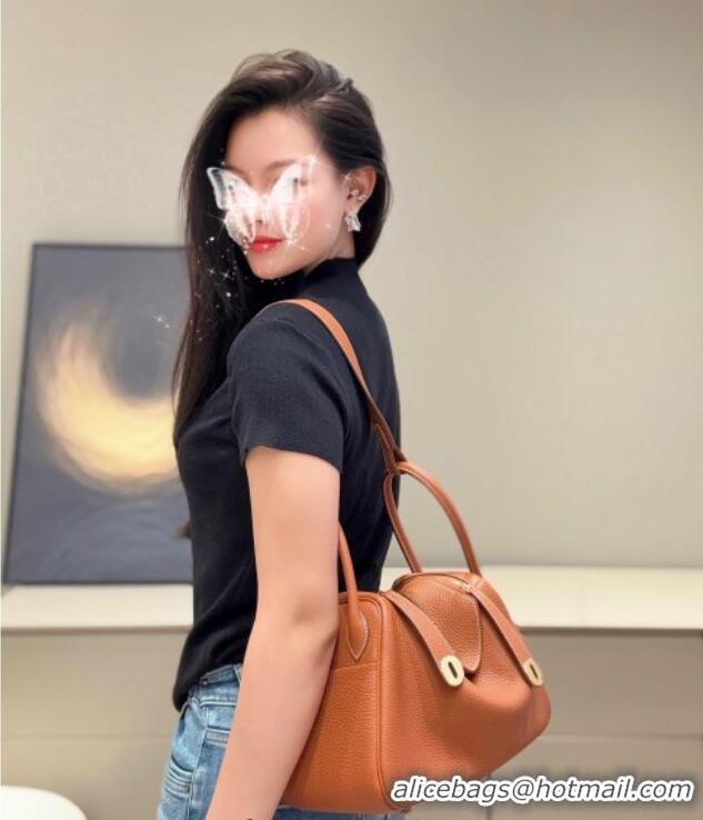 New Design Hermes Lindy Bag 26cm in Clemence Leather 2637 Brown/Gold 2025 (Half Handmade)