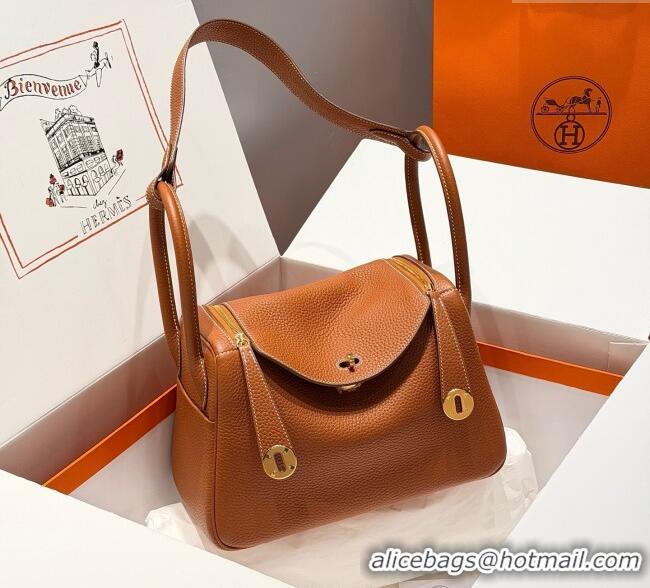 New Design Hermes Lindy Bag 26cm in Clemence Leather 2637 Brown/Gold 2025 (Half Handmade)