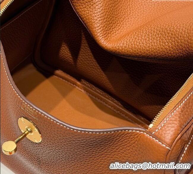 New Design Hermes Lindy Bag 26cm in Clemence Leather 2637 Brown/Gold 2025 (Half Handmade)