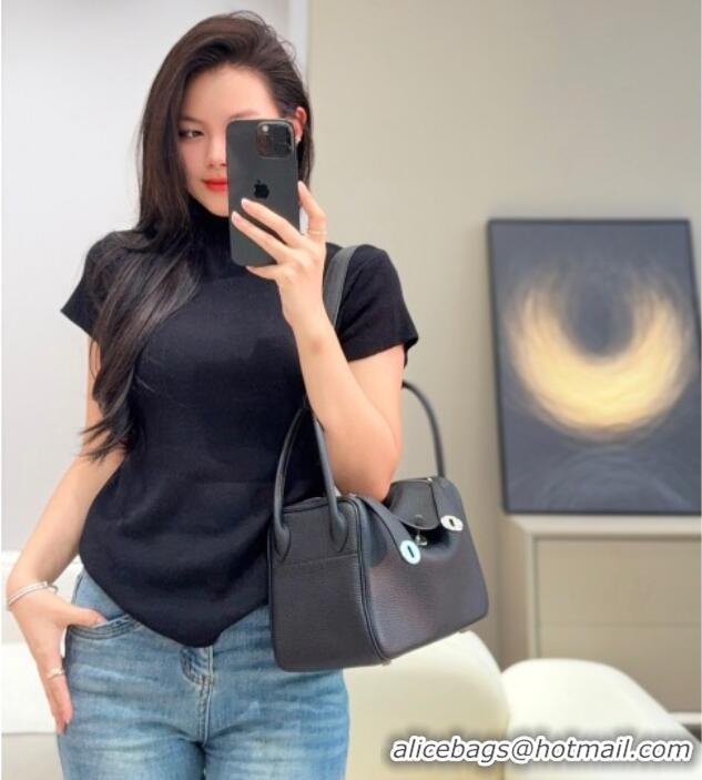Top Quality Hermes Lindy Bag 26cm in Clemence Leather 2637 Black/Silver 2025 (Half Handmade)