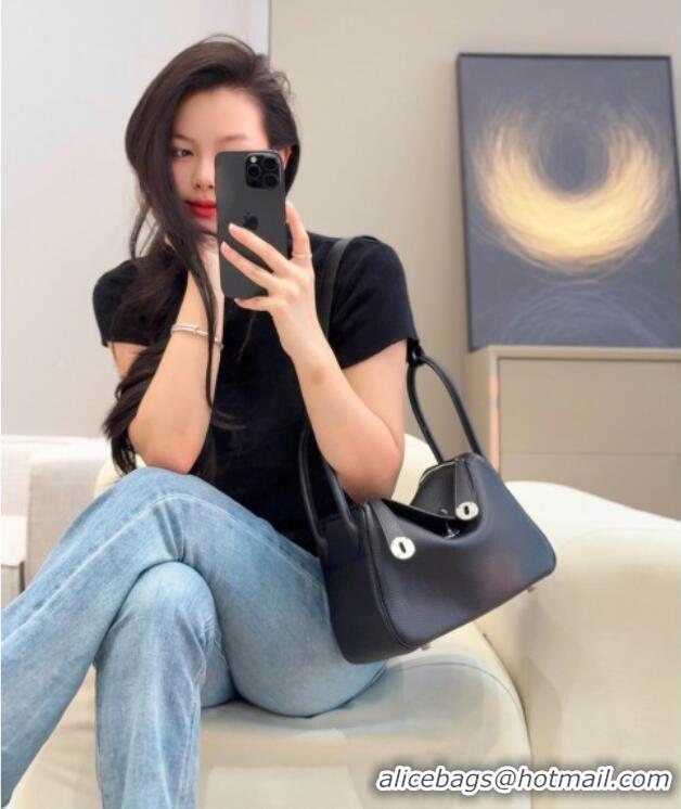 Top Quality Hermes Lindy Bag 26cm in Clemence Leather 2637 Black/Silver 2025 (Half Handmade)