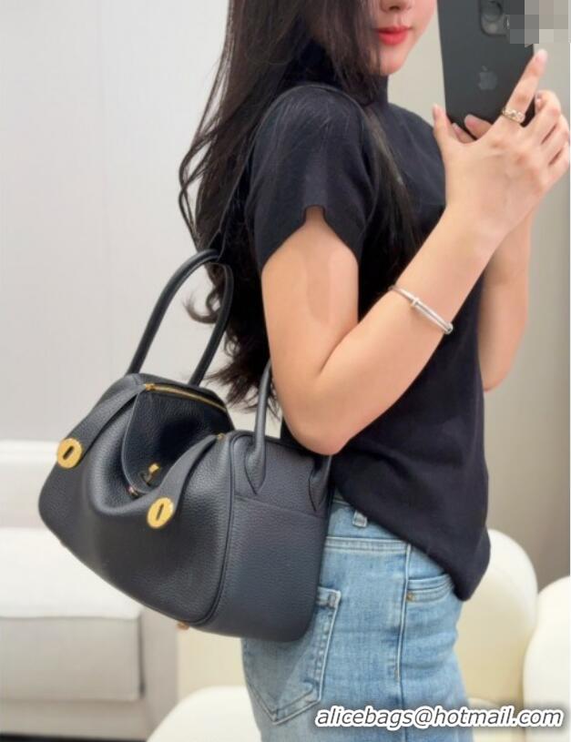 Best Discount Hermes Lindy Bag 26cm in Clemence Leather 2637 Black/Gold 2025 (Half Handmade)