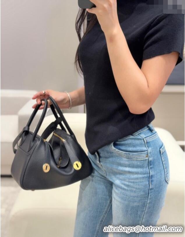 Best Discount Hermes Lindy Bag 26cm in Clemence Leather 2637 Black/Gold 2025 (Half Handmade)