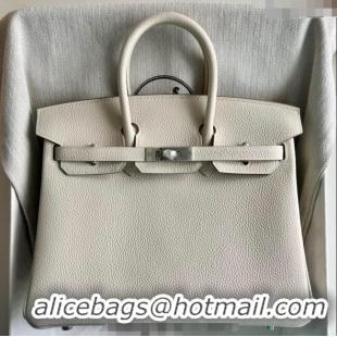 Top Quality Hermes Birkin 25cm Bag in Togo Calfskin Leather HE25 Cream White/Silver 2025 (Full Handmade)