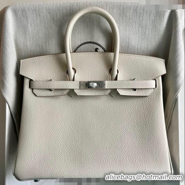 Top Quality Hermes Birkin 25cm Bag in Togo Calfskin Leather HE25 Cream White/Silver 2025 (Full Handmade)