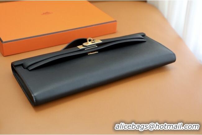 Affordable Price Hermes Kelly Cut Clutch Bag in Original Swift Leather H0307 Black/Gold (Full Handmade)