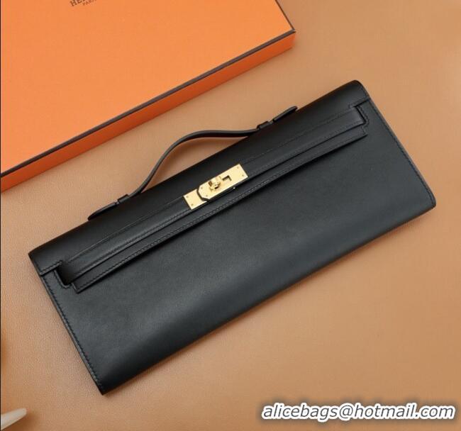 Affordable Price Hermes Kelly Cut Clutch Bag in Original Swift Leather H0307 Black/Gold (Full Handmade)