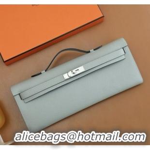 Top Quality Hermes Kelly Cut Clutch Bag in Original Swift Leather H0307 Sea Mew Grey/Silver (Full Handmade)