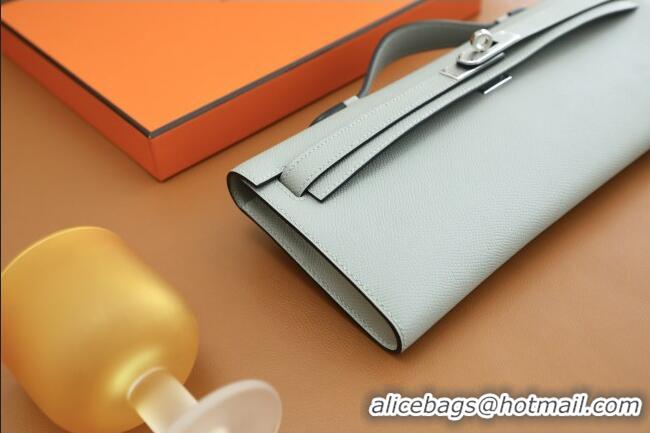 Top Quality Hermes Kelly Cut Clutch Bag in Original Swift Leather H0307 Sea Mew Grey/Silver (Full Handmade)
