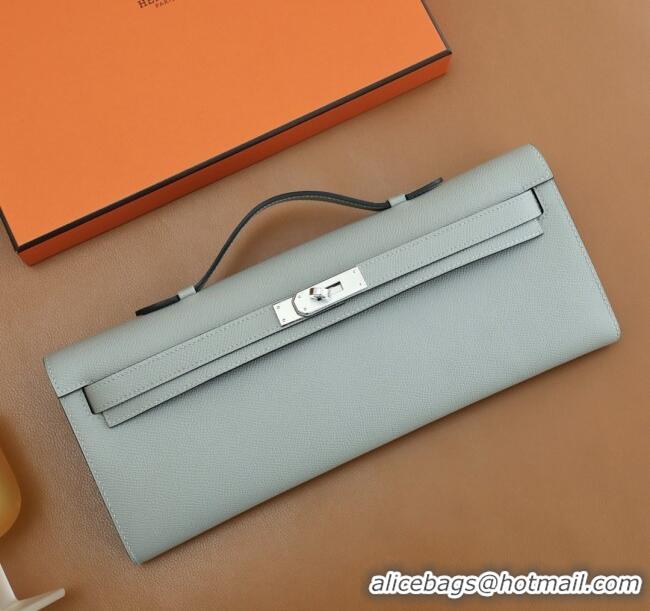 Top Quality Hermes Kelly Cut Clutch Bag in Original Swift Leather H0307 Sea Mew Grey/Silver (Full Handmade)