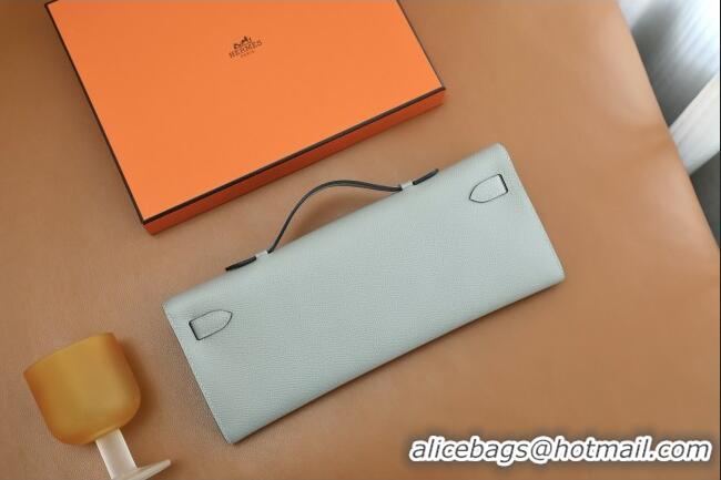 Top Quality Hermes Kelly Cut Clutch Bag in Original Swift Leather H0307 Sea Mew Grey/Silver (Full Handmade)