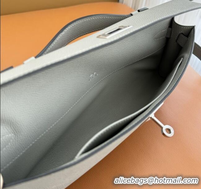 Top Quality Hermes Kelly Cut Clutch Bag in Original Swift Leather H0307 Sea Mew Grey/Silver (Full Handmade)