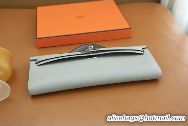 Top Quality Hermes Kelly Cut Clutch Bag in Original Swift Leather H0307 Sea Mew Grey/Silver (Full Handmade)