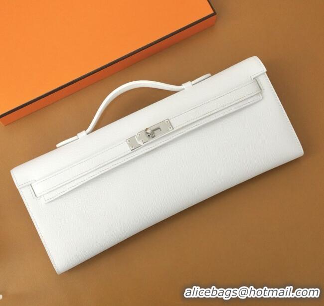 Luxury Discount Hermes Kelly Cut Clutch Bag in Original Swift Leather H0307 Pure White/Silver (Full Handmade)