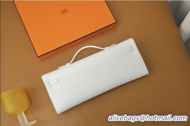 Luxury Discount Hermes Kelly Cut Clutch Bag in Original Swift Leather H0307 Pure White/Silver (Full Handmade)