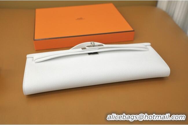 Luxury Discount Hermes Kelly Cut Clutch Bag in Original Swift Leather H0307 Pure White/Silver (Full Handmade)