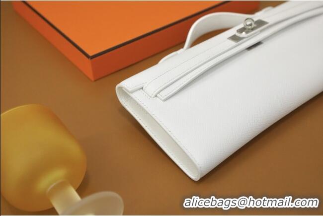 Luxury Discount Hermes Kelly Cut Clutch Bag in Original Swift Leather H0307 Pure White/Silver (Full Handmade)