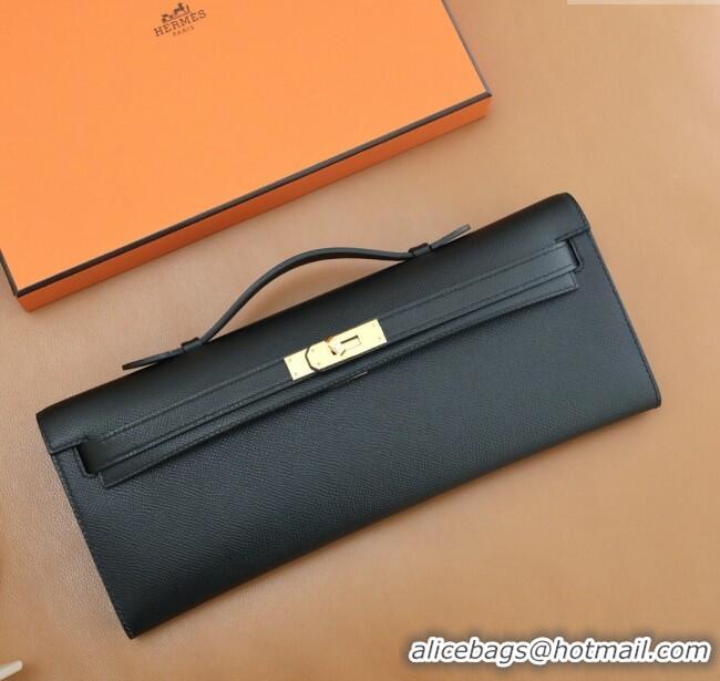 Spot Bulk Hermes Kelly Cut Clutch Bag in Original Swift Leather H0307 Black/Gold (Full Handmade)