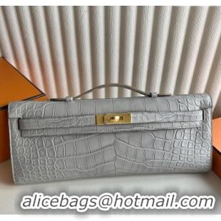 Spot Discount Hermes Kelly Cut Clutch Bag in Matt Alligator Leather CK80 Pearl Grey/Gold (Full Handmade)