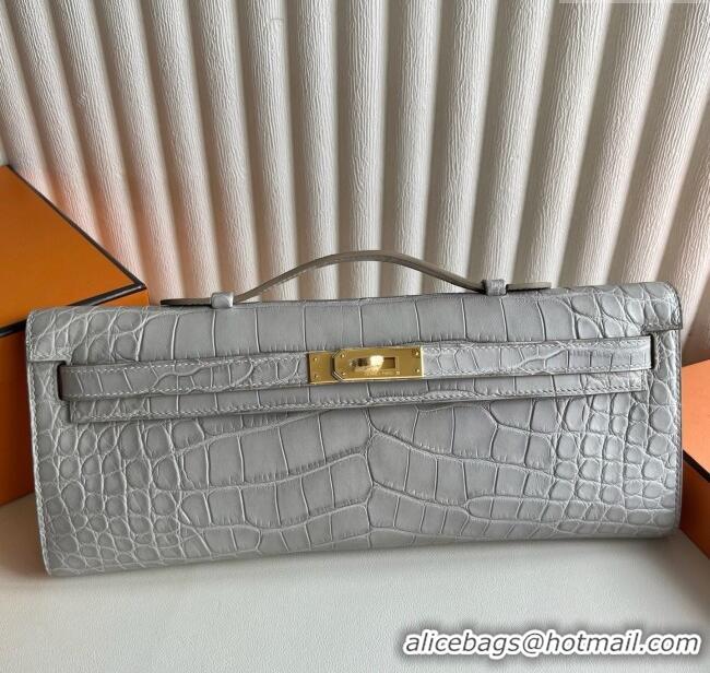 Spot Discount Hermes Kelly Cut Clutch Bag in Matt Alligator Leather CK80 Pearl Grey/Gold (Full Handmade)